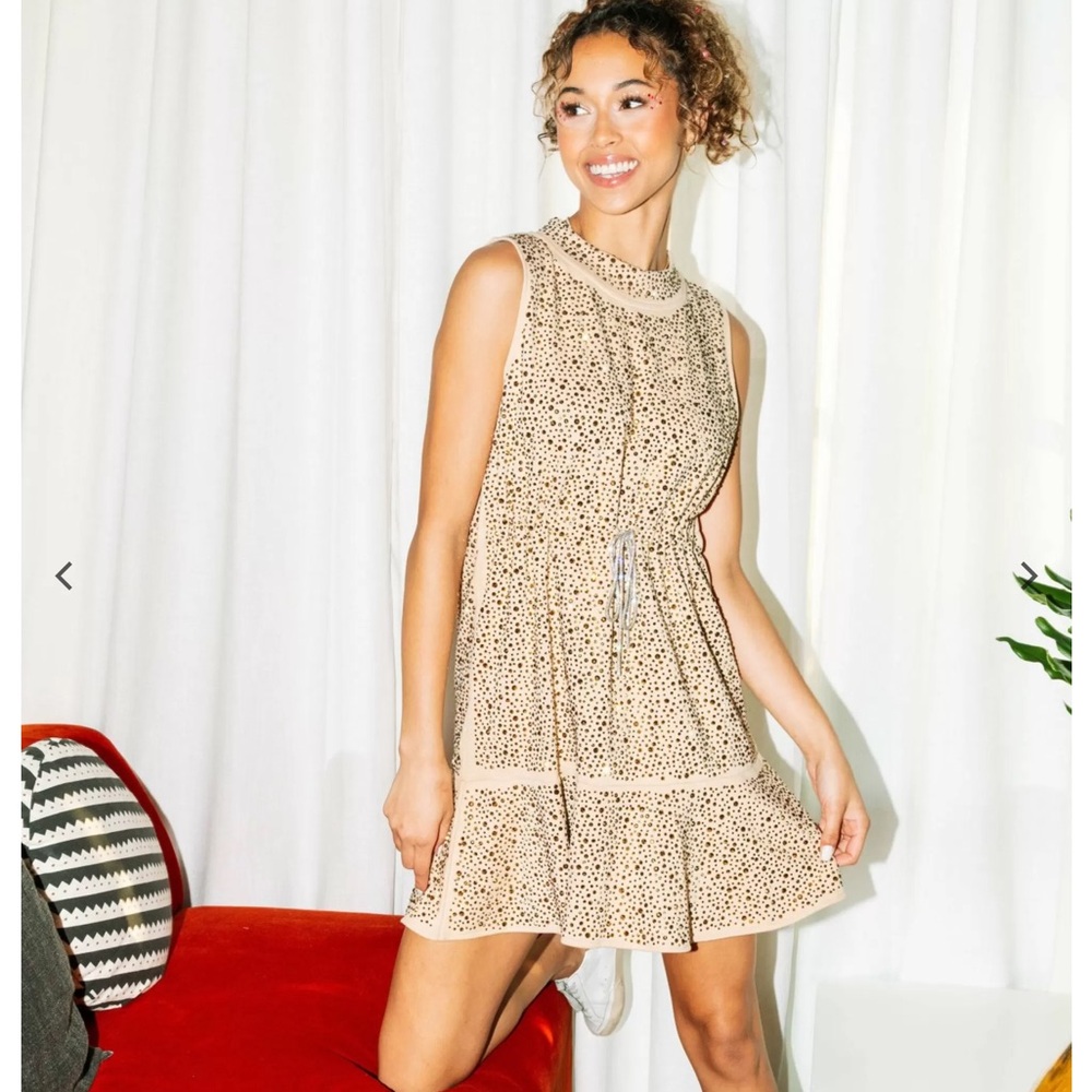 QUEEN OF SPARKLES Beige Gold Mini Rhinestone Dress Sz M L Medium Large